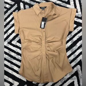 Ralph Lauren Tan Ruched Button-Front Short Sleeve Shirt